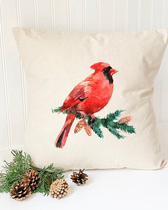 Cardinal on an Evergreen Branch - Square Canvas Pillow