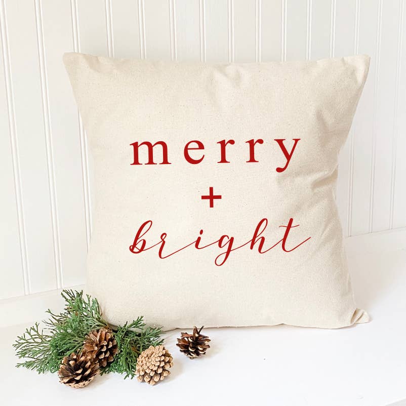 Merry Bright Script Christmas Canvas Pillow Indigo Tangerine