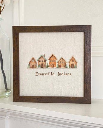 Gingerbread Houses w/ City, State - Framed Sign