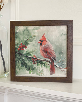 Cardinal on Pine Tree - Winter Framed Print