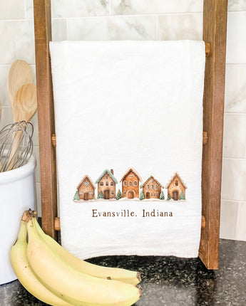 Gingerbread Houses w/ City, State - Cotton Tea Towel