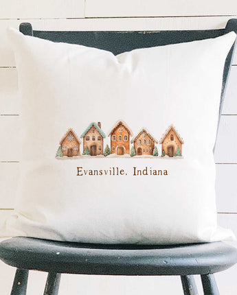 Gingerbread Houses w/ City, State - Square Canvas Pillow