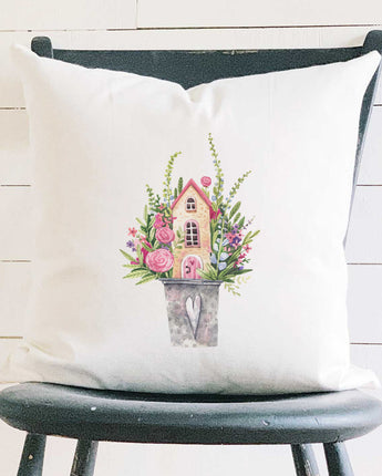 Floral Pail Fairy House - Square Canvas Pillow