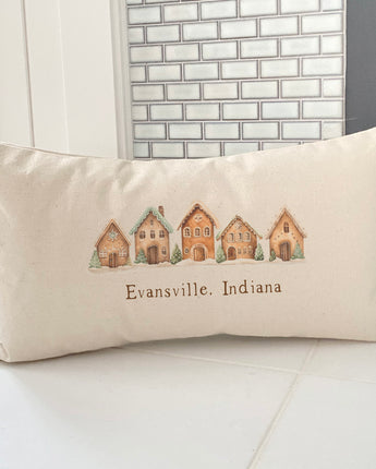 Gingerbread Houses w/ City, State - Rectangular Canvas Pillow