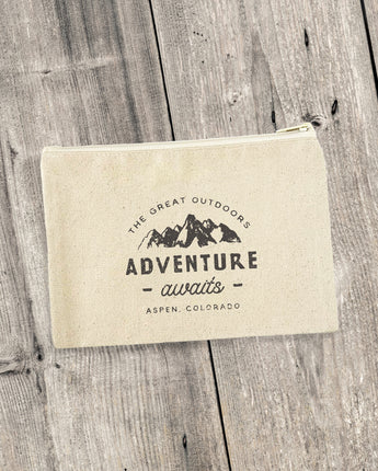 Adventure Awaits w/ City, State - Custom Canvas Zipper Pouch