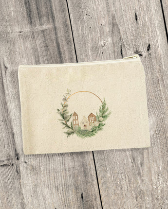 Wood Village Wreath - Canvas Zipper Pouch