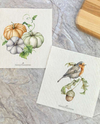 Pumpkins and Leaves, Robin on Acorn 2 pk - Swedish Dish Cloth